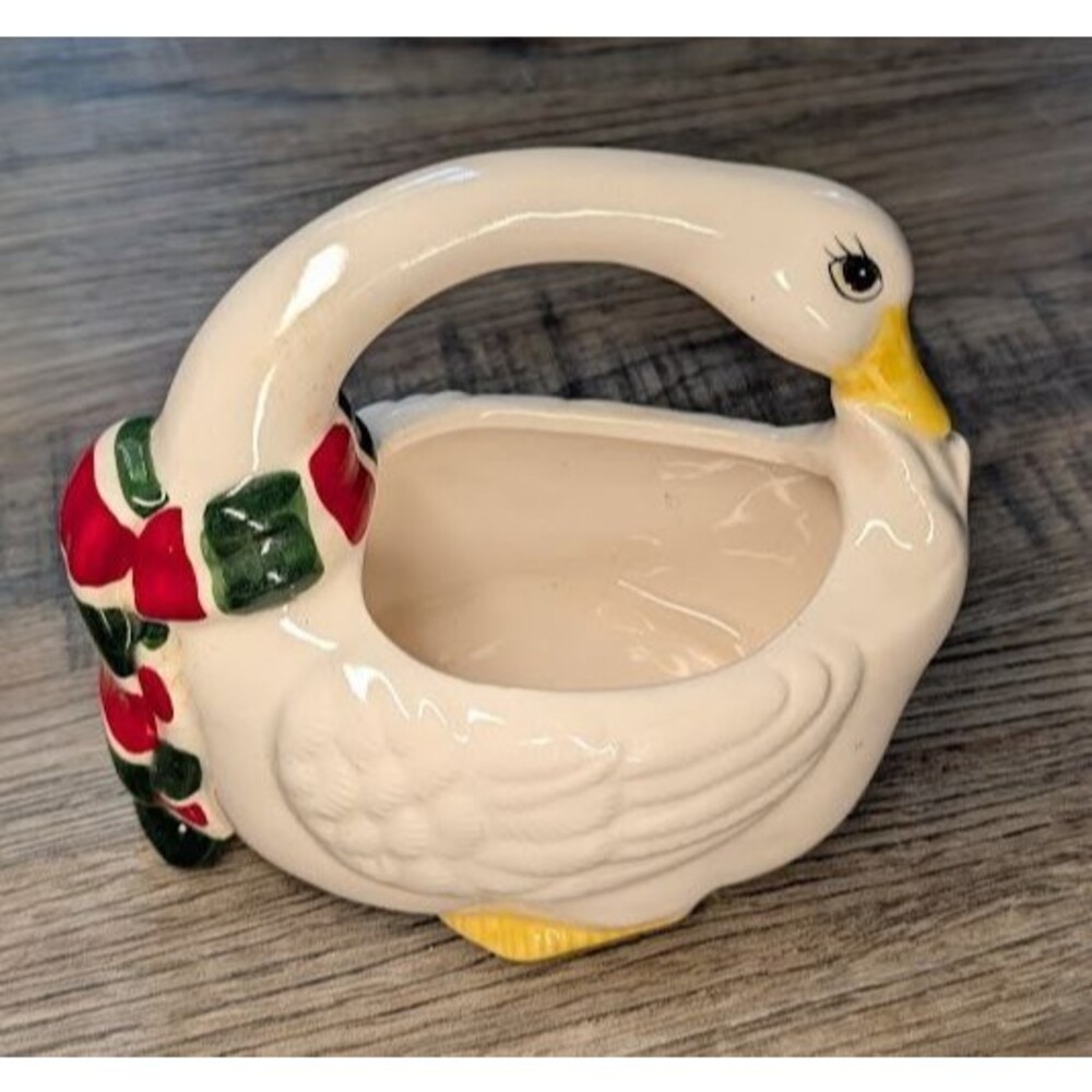 Vintage Handpainted Lefton Christmas Goose w/ Scarf Candy Dish/Planter/Basket